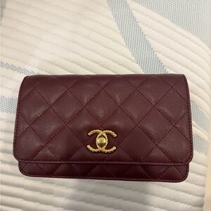 Chanel Maroon Quilted Clutch with Gold Accent